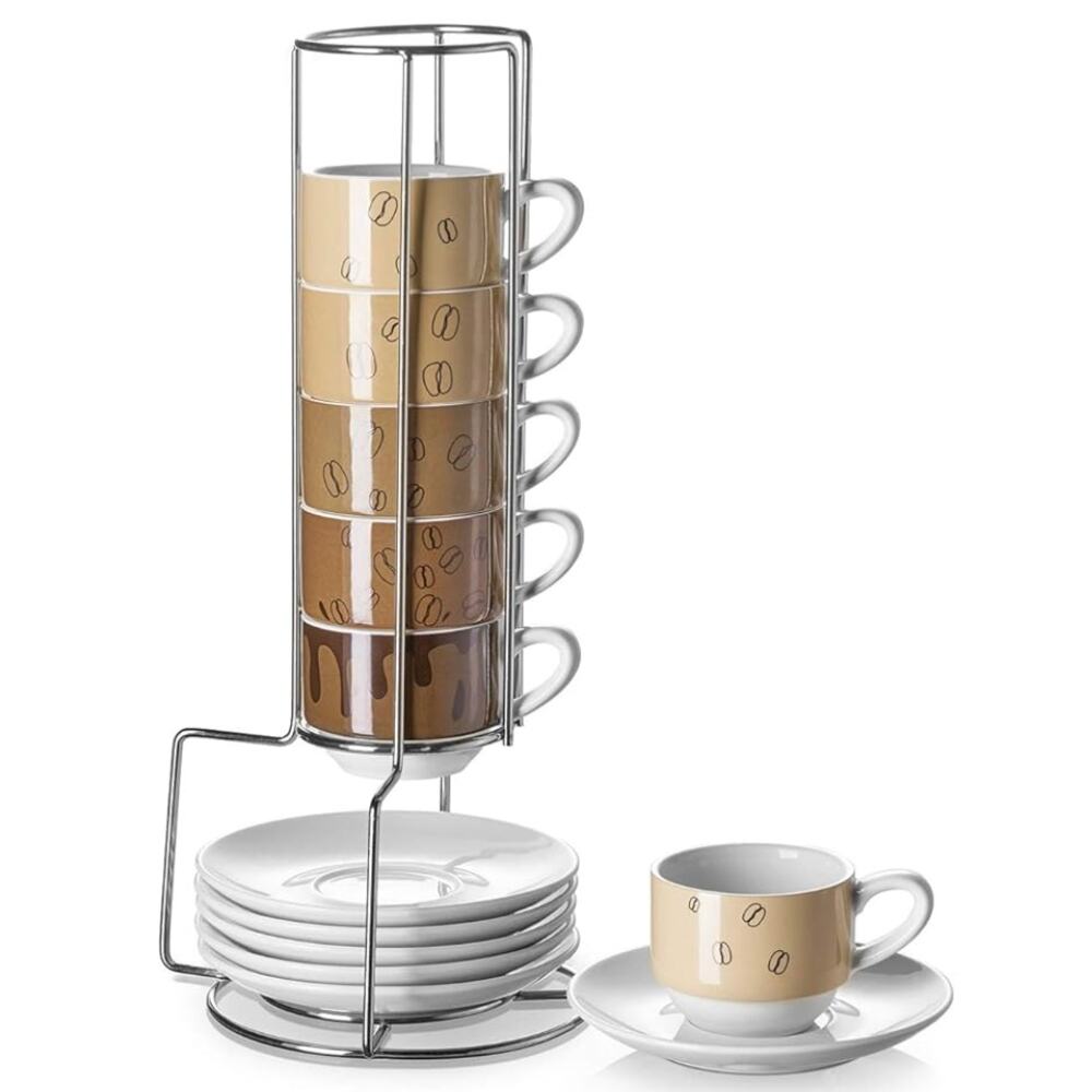 12 Pcs Brown Porcelain Stackable Espresso Cups with Saucers and Metal Stand
